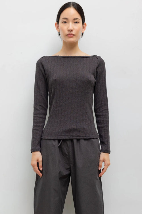 Pointelle Long Sleeve Bateau Top - Hickory Melange - Image 1