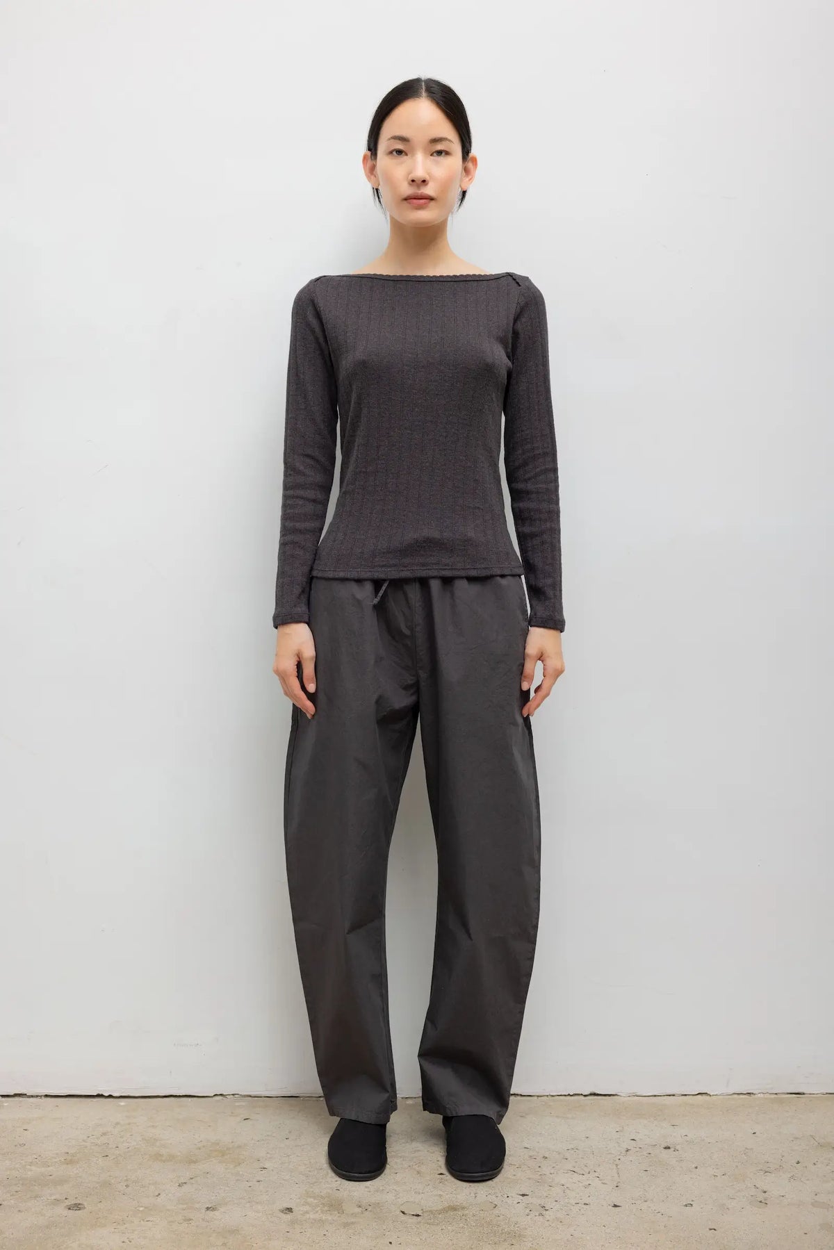 Pointelle Long Sleeve Bateau Top - Hickory Melange - Image 3