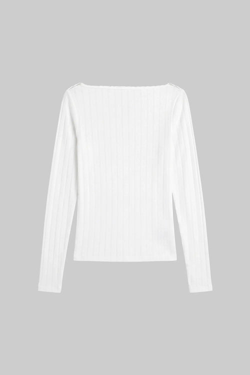 Pointelle Long Sleeve Bateau Top - White - Image 2
