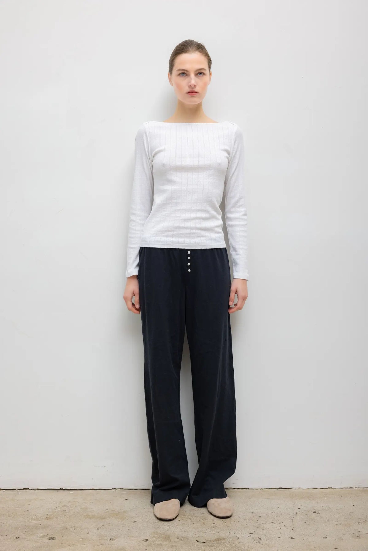 Pointelle Long Sleeve Bateau Top - White - Image 3