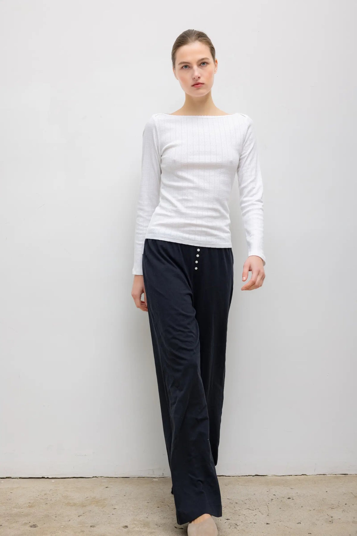 Pointelle Long Sleeve Bateau Top - White - Image 4