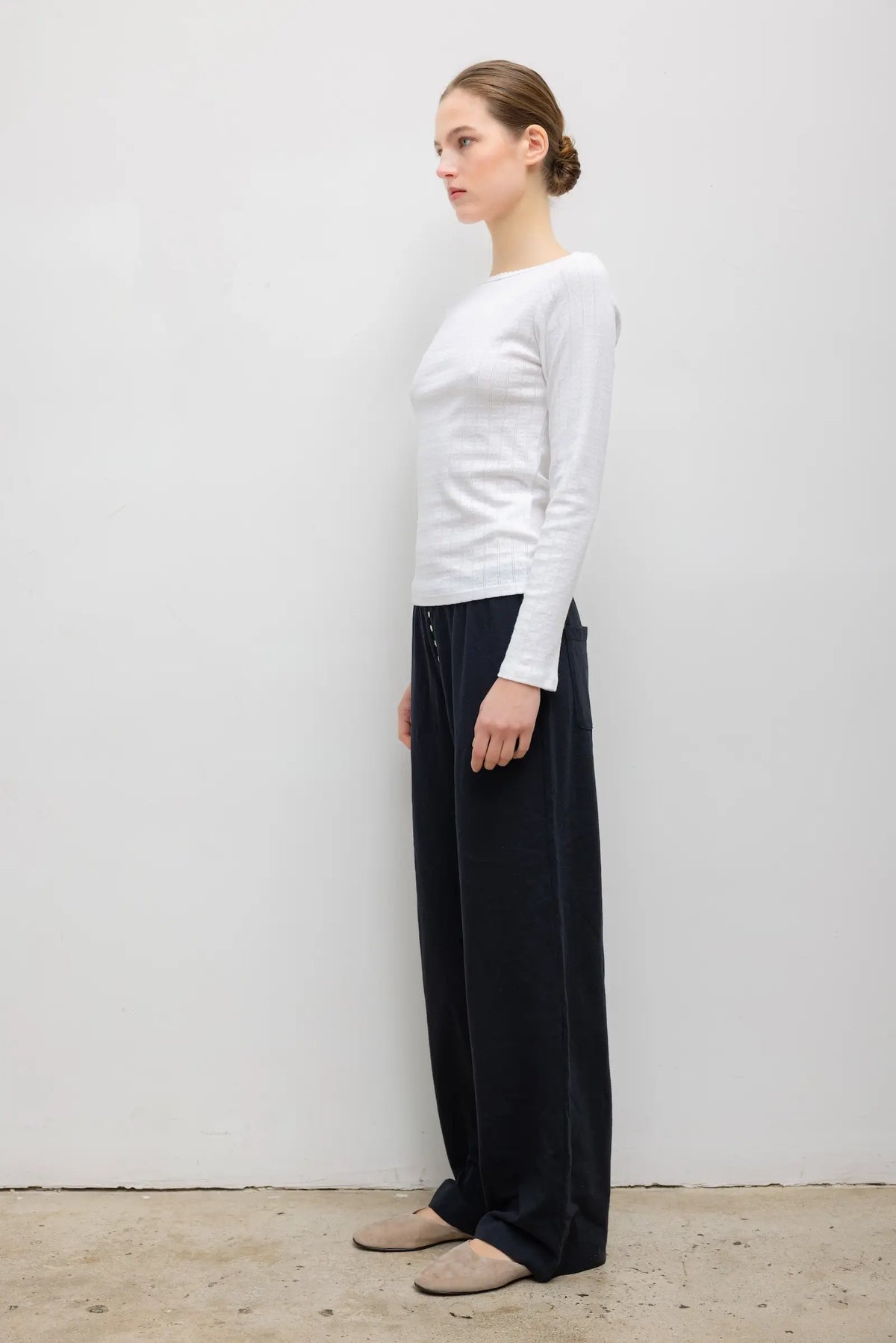Pointelle Long Sleeve Bateau Top - White - Image 5