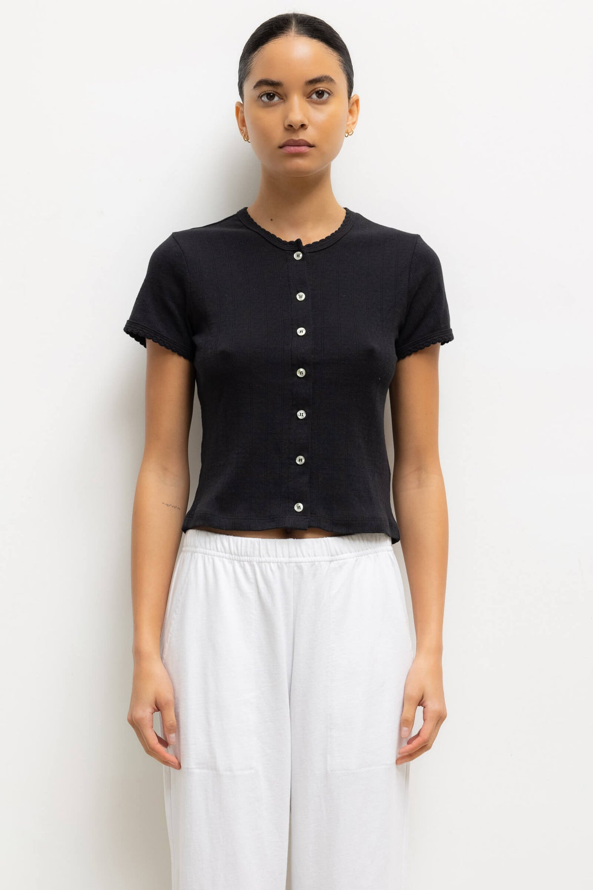 Pointelle Short Sleeve Cardigan - Black - Image 1