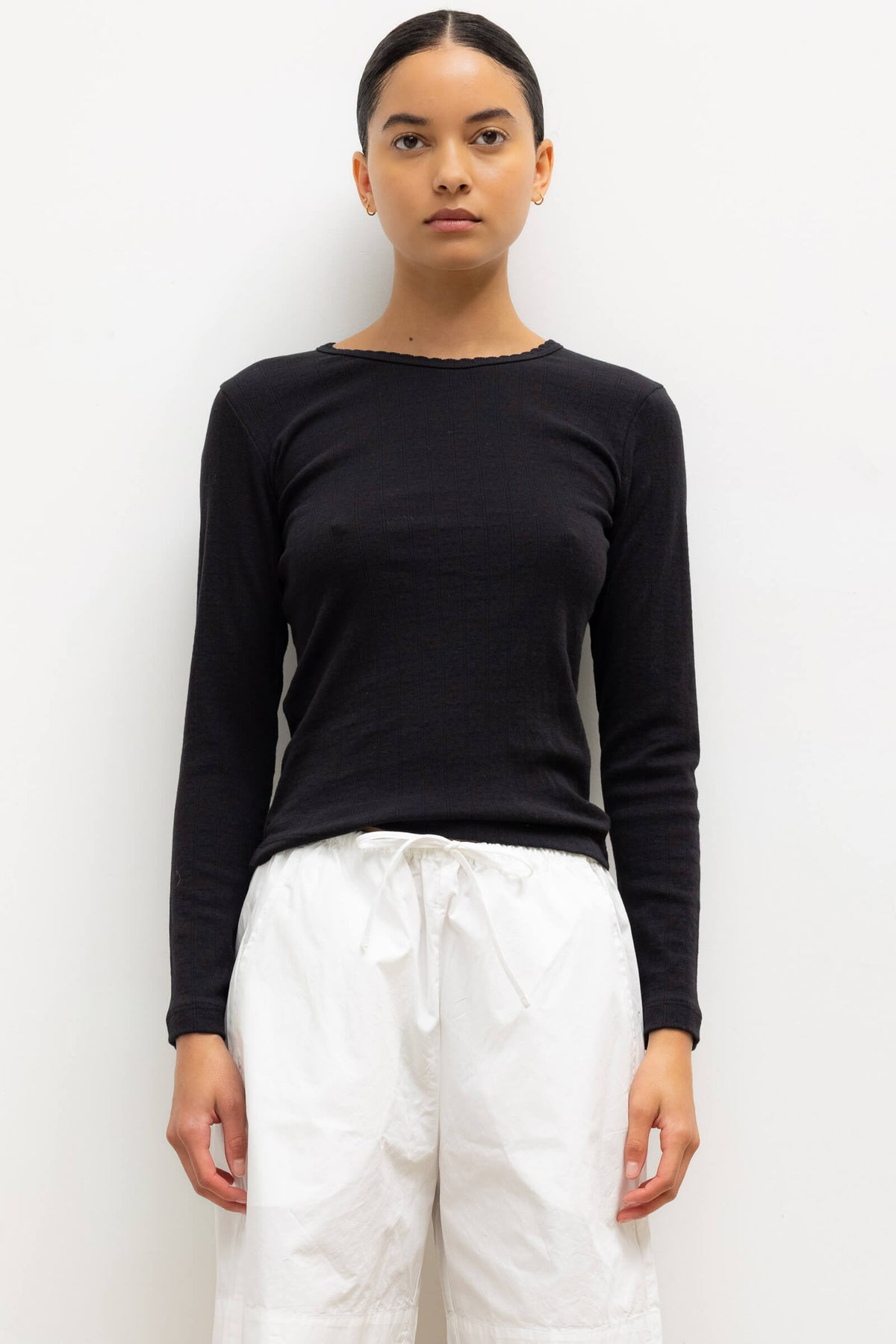 Pointelle Slim Fit Long Sleeve - Black - Image 1