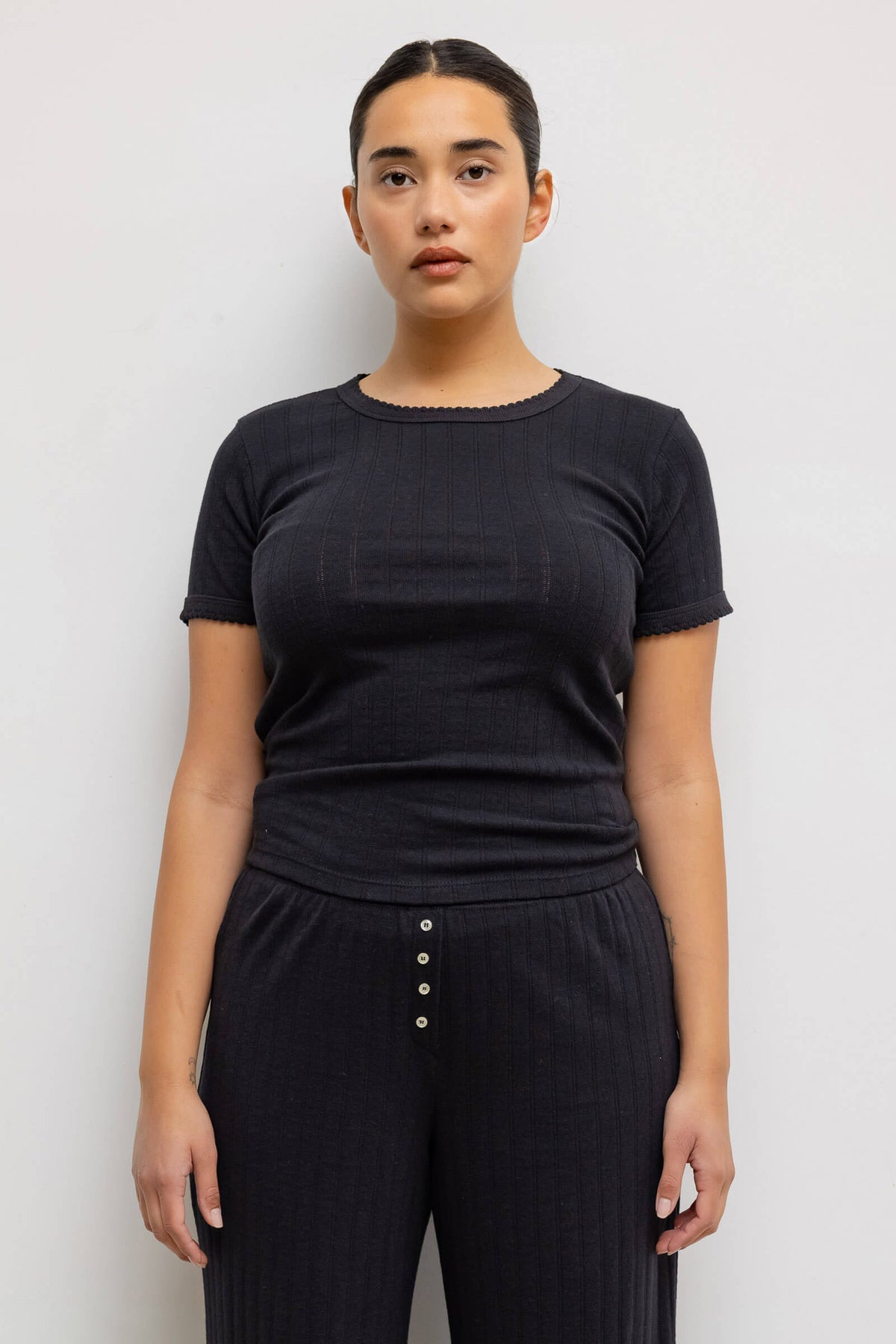 Pointelle Slim Fit Tee - Black - Image 6