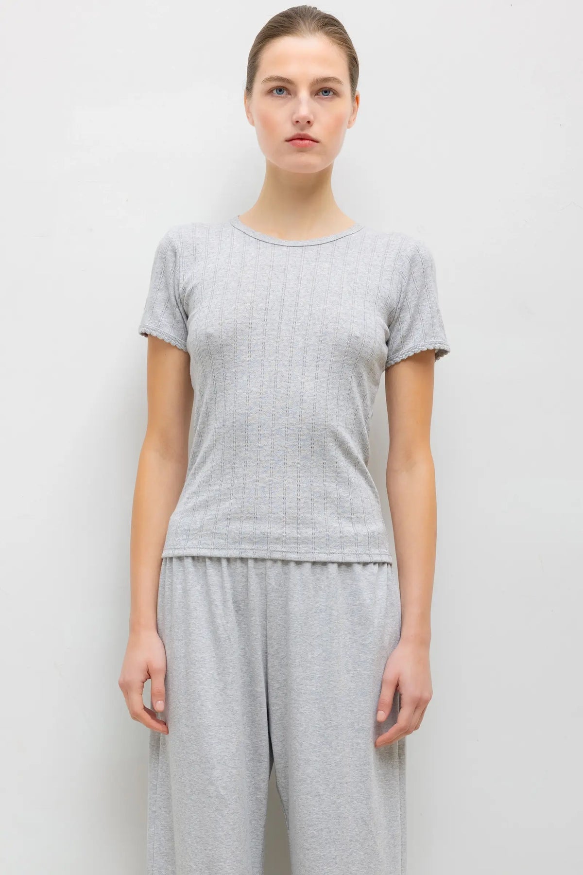 Pointelle Slim Fit Tee - Light Grey Melange - Image 1