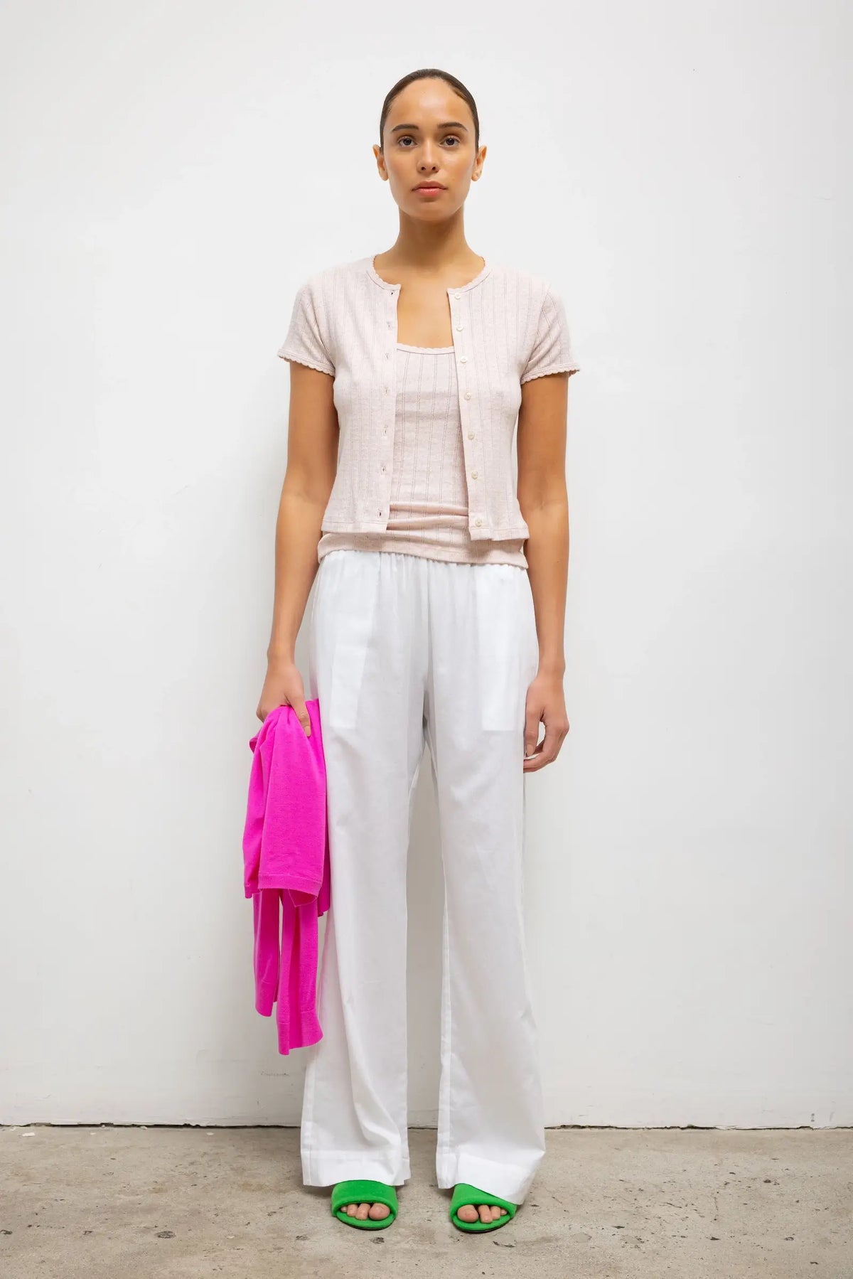 Pointelle Short Sleeve Cardigan - Petal Melange - Image 3