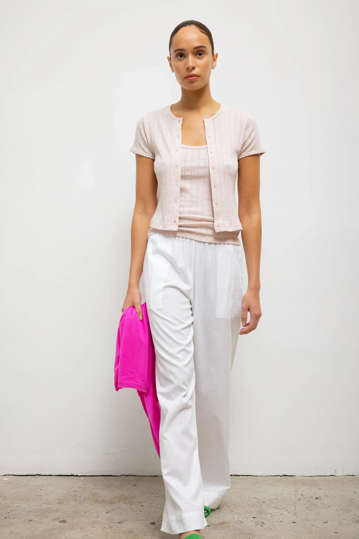 Pointelle Short Sleeve Cardigan - Petal Melange - Image 5