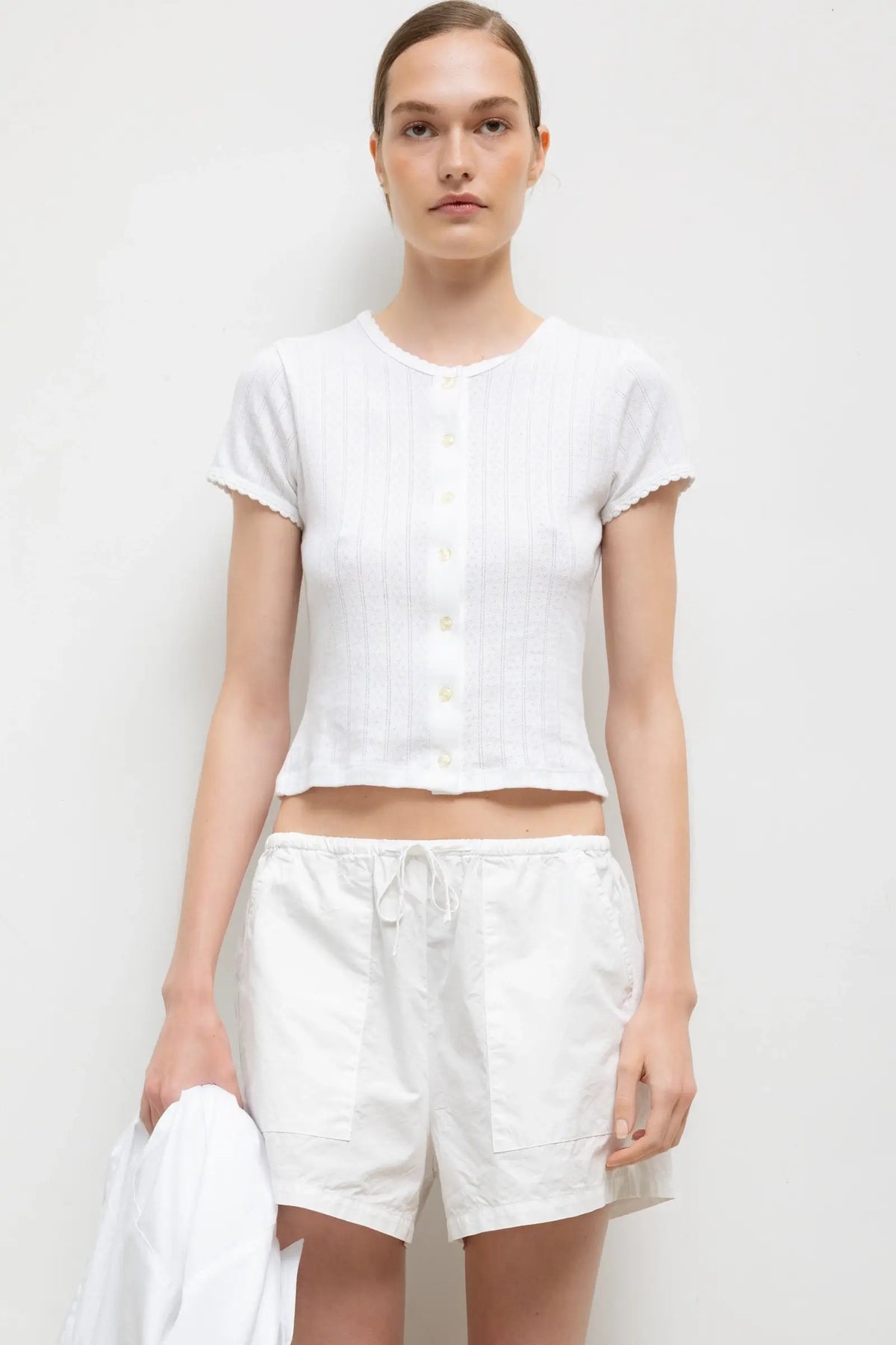 Pointelle Short Sleeve Cardigan - White - Image 1