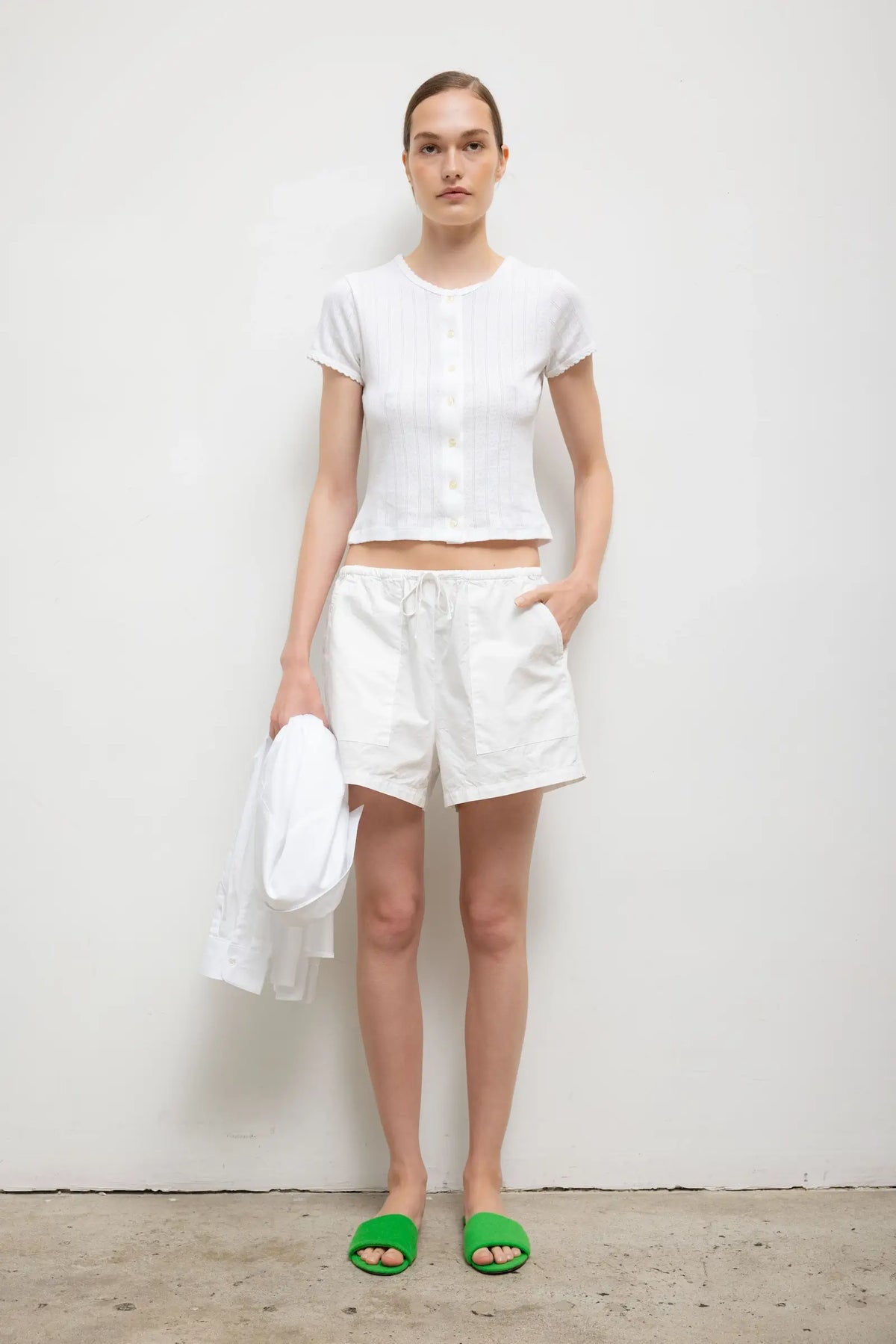 Pointelle Short Sleeve Cardigan - White - Image 4