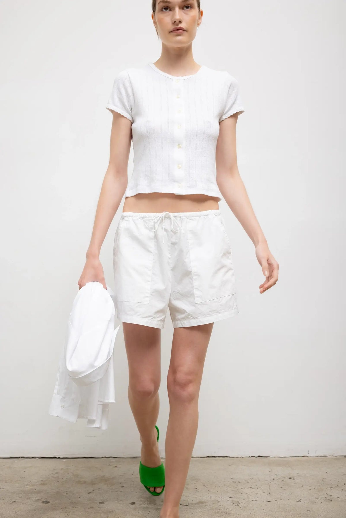 Pointelle Short Sleeve Cardigan - White - Image 5