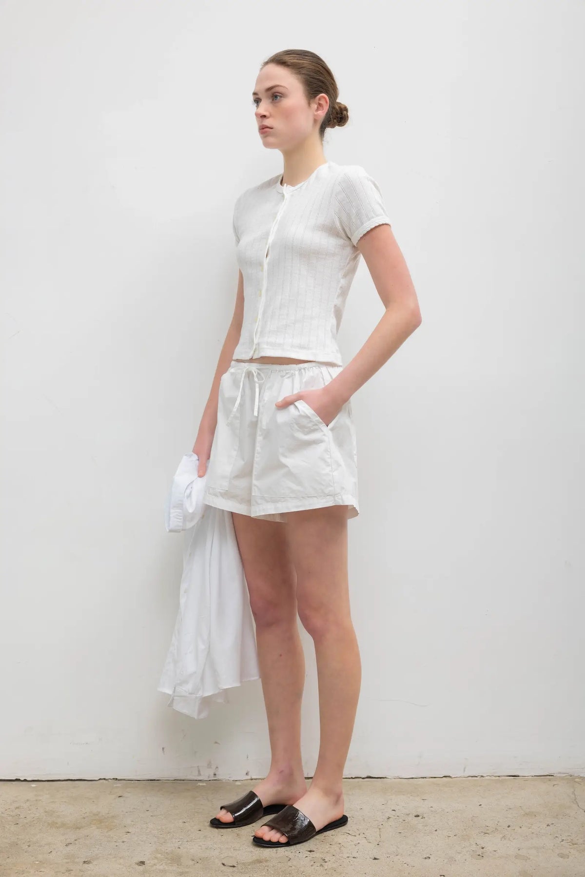 Pointelle Short Sleeve Cardigan - White - Image 3